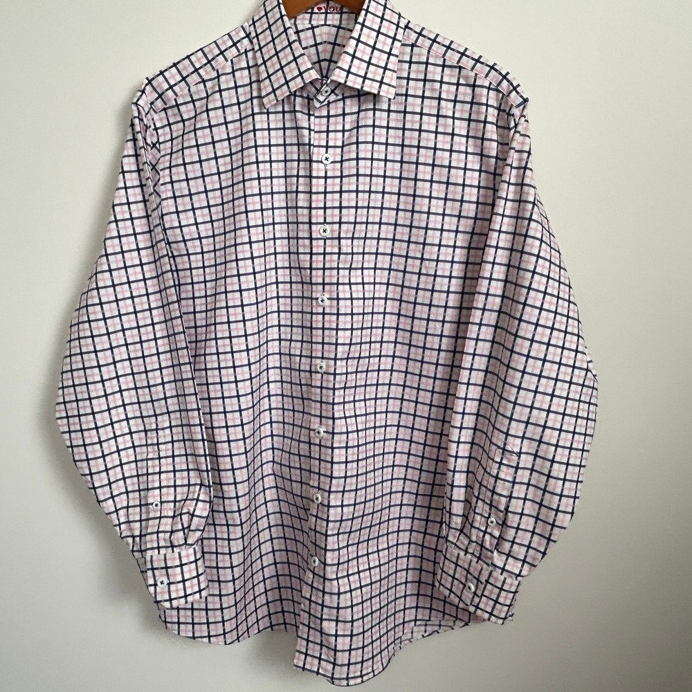 J. Hilburn Custom Check Dress Shirt Mens Pink Blue I Love You Collar 17
